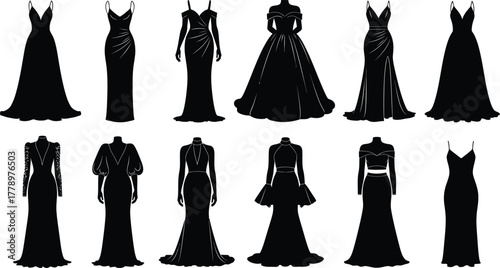 Silhouette illustration of a collection of various formal dresses