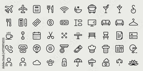 Hotel and hospitality icon set, line art vector, bed, room service, reception, luggage, key, Wi-Fi, swimming pool, breakfast, editable stroke, clean minimalist design.