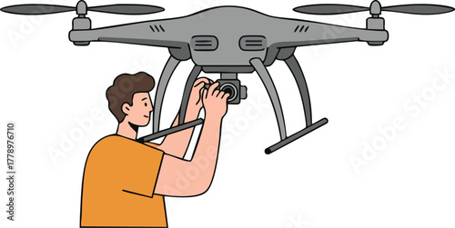 A man operates a remote control for a hovering drone with a camera attached.