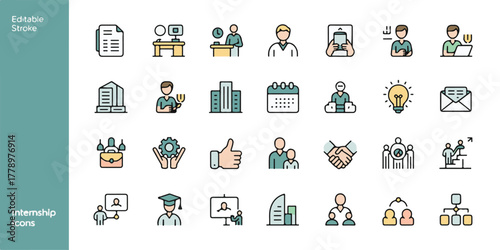 Internship icon set, students, training, job, resume, interview, teamwork, business, education, mentor, ID, phone support, editable stroke, colorful vector illustration.