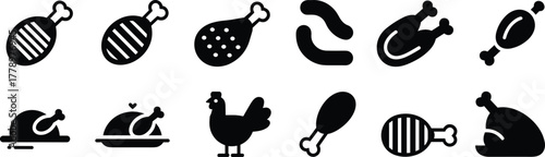 Black and white chicken and poultry food icons set for restaurant, grill, kitchen, cooking, menu, packaging, and culinary design