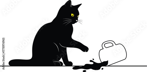 A black cat spills a mug of dark liquid on a white background art