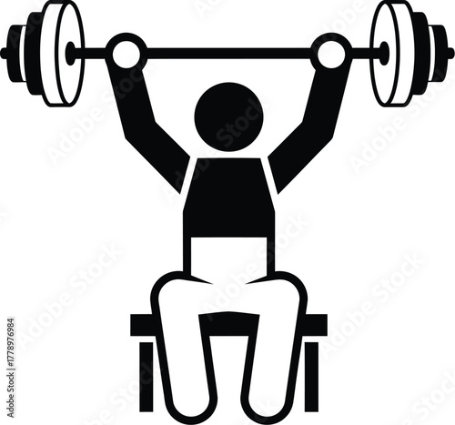 Stick figure lifting barbell while sitting on a weightlifting bench