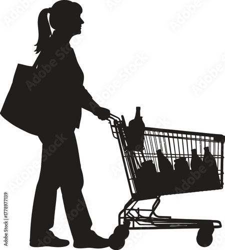Silhouette of woman pushing shopping cart filled with bottles and bag