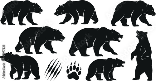 Collection of black bear silhouette illustrations on a white background