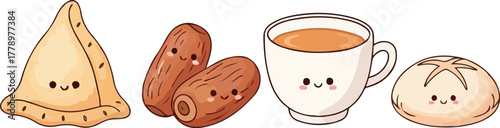 Brighten your Ramadan and Eid projects with these charming kawaii food characters! Samosa, dates, tea, and bun radiate festive joy, perfect for invitations, social media, and decorations.