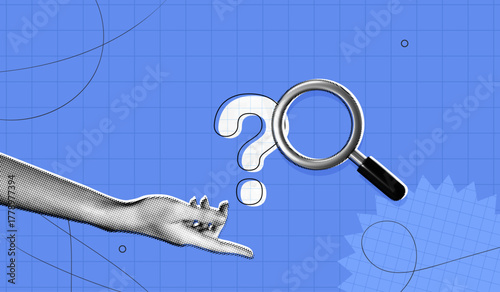 Trendy Halftone Collage Hand with question mark and magnifying glass. Find solution or answer to cause or incident. Problem analysis. Ask for reply. Contemporary vector illustration art