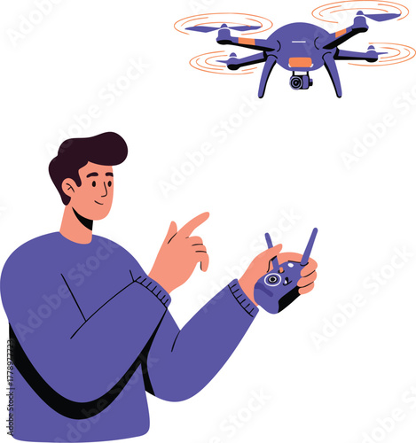 Man operating a remote control with a drone flying above him.