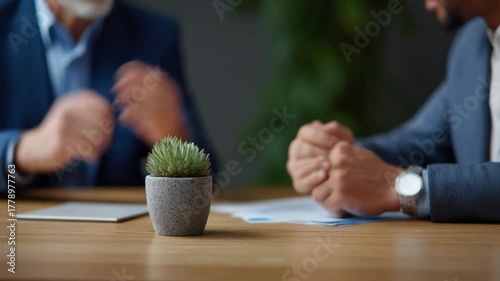 Business discussion with succulent centerpiece in modern office setting, professional communication
