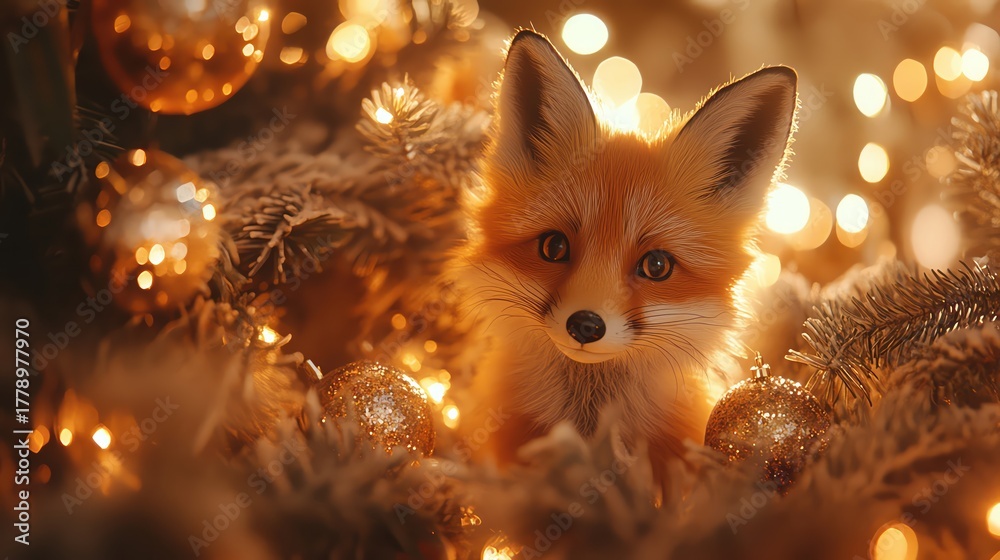 Obraz premium Fox toy surrounded by glowing tree ornaments, cinematic soft light