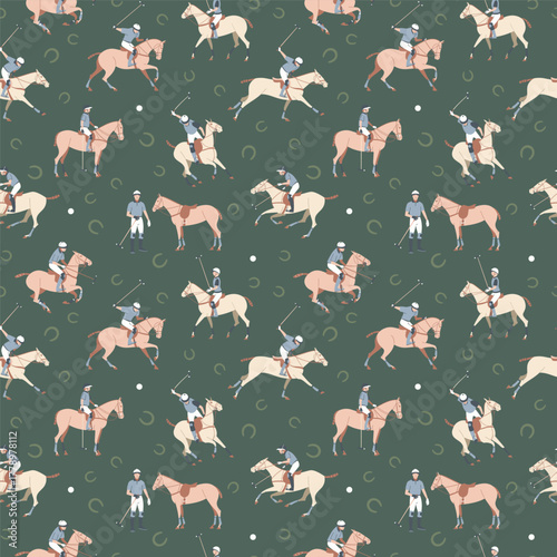 Seamless pattern with polo players riding horses and swinging mallets