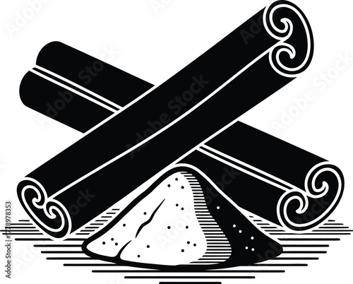 Illustration of two cinnamon sticks and a pile of cinnamon powder