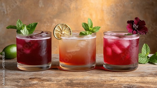 Premium hibiscus agua fresca cocktails served in rocks glasses with fresh mint, lime wheel and hibiscus flower garnishes on rustic wooden table