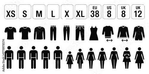Minimalist black and white clothing size and gender icon set, professional stock-ready, bold readable text, clean silhouette icons, organized layout, modern commercial design, high market appeal.