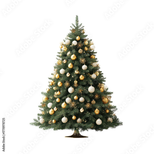 Elegant Christmas Tree Decorated with Gold and White Ornaments
