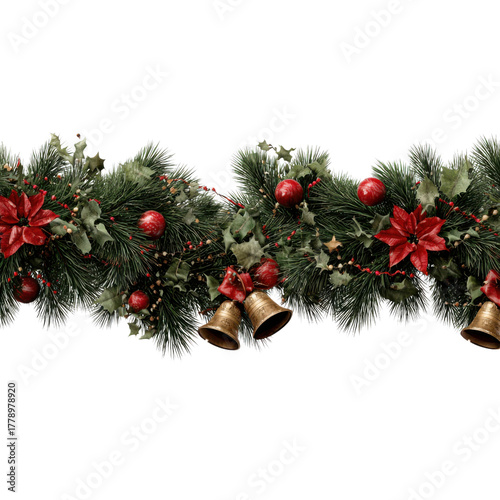 Festive Holiday Garland with Poinsettias, Berries, and Pine Branches