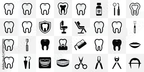 Minimalist black and white dental icons, 32-piece vector set, 4x8 grid, clean line art, professional, stock-photo-ready, healthcare, dental office, educational, modern, high-quality.