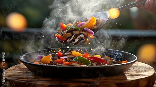 Chef preparing vegetable fajitas with colorful bell peppers, mushrooms and onions in professional kitchen cast iron pan with dramatic steam action