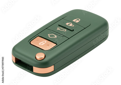 Photos Isolated car key fob with green casing and copper trim for vehicle access, secur