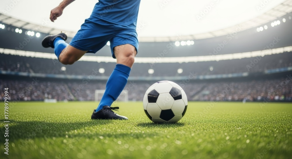 Obraz premium Soccer Player Kicking Ball on Stadium Field