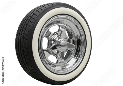 Photos Isolated car wheel with whitewall tire and chrome rim casting a shadow on a neut