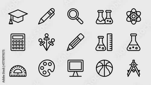 Minimalist black and white education and science line art vector icons set, 15 symbols in grid layout, clean thin strokes, modern flat design, stock illustration.