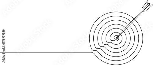 continuous line drawing of arrow in bullseye center of target, line art vector illustration