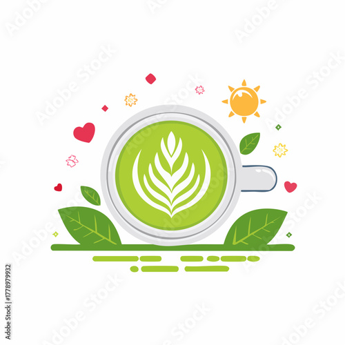 カップに入れられた抹茶ラテとラテアートのベクターイラスト