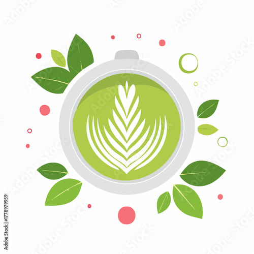 カップに入れられた抹茶ラテとラテアートのベクターイラスト