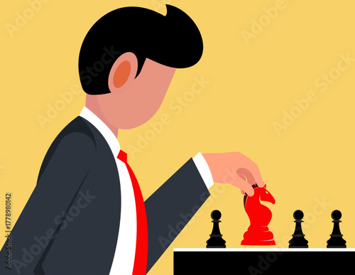Business strategy. Confident businessman playing a chess