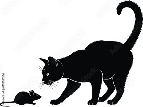 Black cat silhouette stalking a small mouse on a white background art