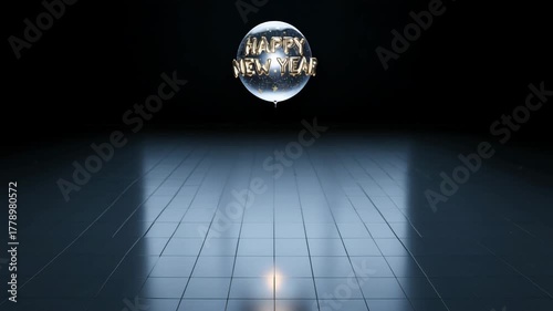 Golden happy New Year balloon inside a transparent sphere for celebration and holiday greeting card