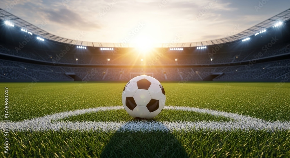 Naklejka premium Soccer Ball on Corner Mark in Stadium at Sunrise/Sunset