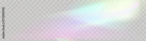 Crystal glass prism with holographic reflections and rainbow flare on light transparent background.