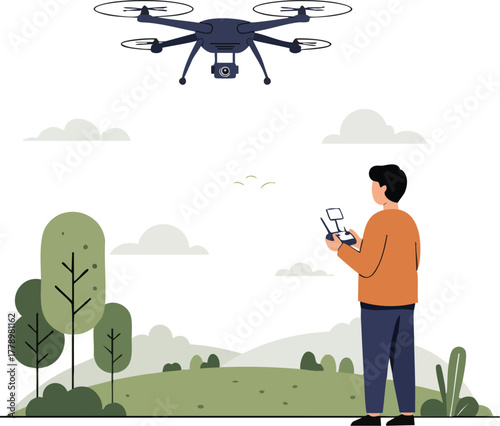 A man operates a drone controller with a flying drone above him in a natural outdoor setting.