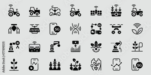 Minimalist black and white vector icons, 25 smart farming, agriculture, technology symbols, clean thin lines, scalable, professional, balanced composition, stock-ready, high commercial appeal.