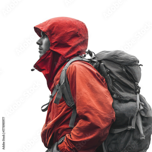 Man hiking with red rain gear