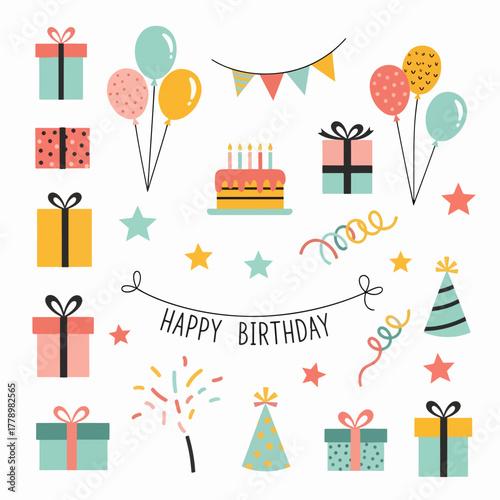 Vector illustration of a cute seamless pattern featuring a set of Christmas gifts and birthday celebration elements with happy party boxes, balloons, and xmas ribbons for holiday greeting card design