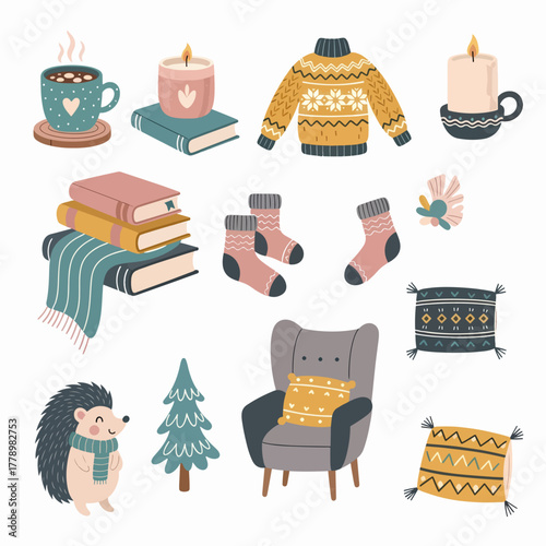 Photography Charming seasonal icons representing warmth, relaxation, and cozy indoor moments during cold weather