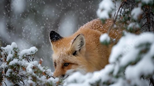 A red fox cautiously peeking through snow-covered branches in winter