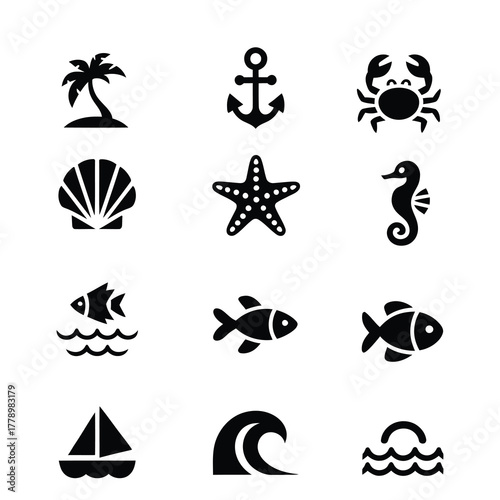 Coastal Iconography: An assortment of black graphic icons representing various aspects of coastal life. They symbolize adventure and wonder of marine and littoral environments.