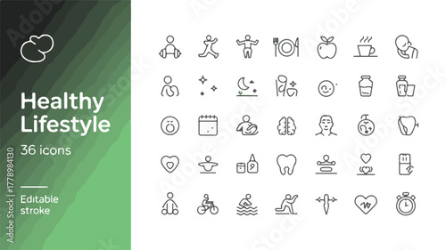 Minimalist vector line icons set of healthy lifestyle and wellness, 35 editable stroke symbols in 5x7 grid, modern fitness nutrition healthcare design on white background.