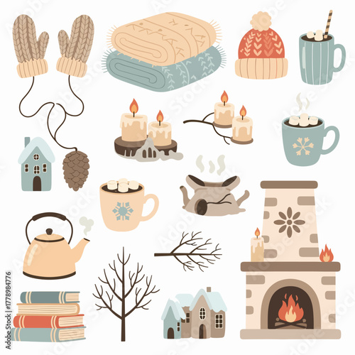 Set of the winter objects, fireplace, cat, chair, warm blanket, mittens, wool, christmas tree and gifts on the white background