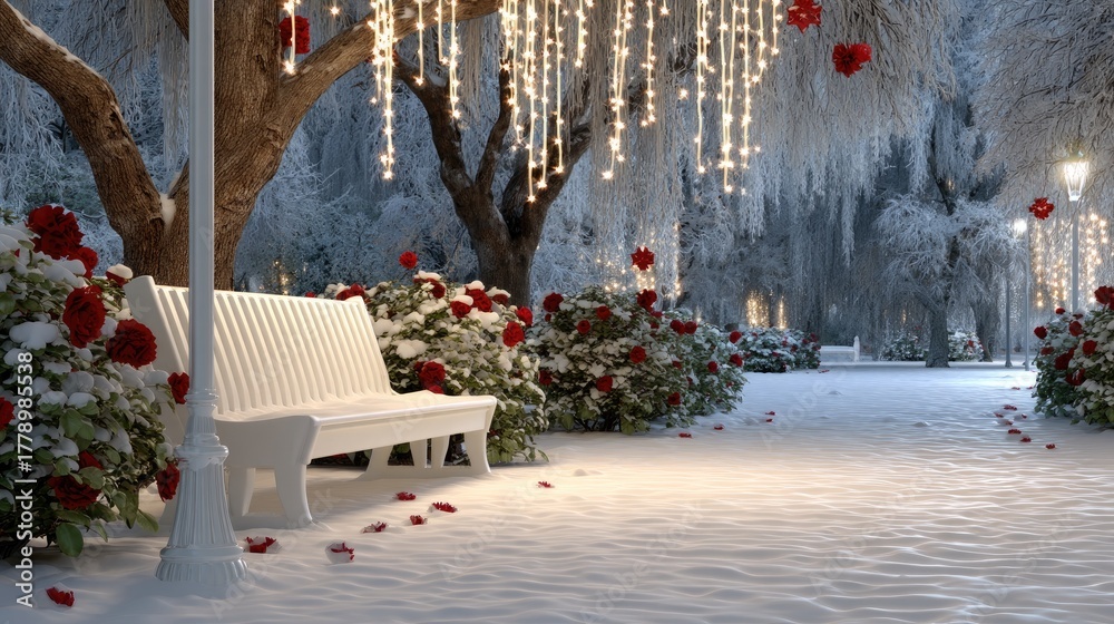 Obraz premium Snowy park with white bench surrounded by red roses and fairy lights on a winter evening