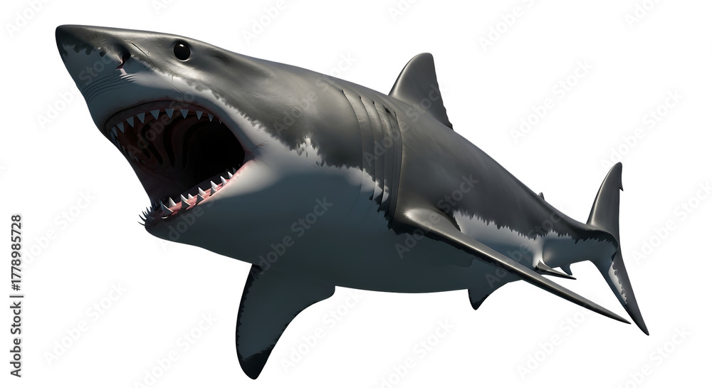 Fototapeta premium Great white shark with its mouth wide open showing dangerous teeth standing on transparent background marine predator with visible gills
