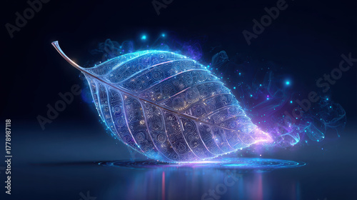 Futuristic neon holographic leaf glows with vibrant colors and intricate patterns, surrounded by ethereal light and mist, creating captivating and interactive visual experience