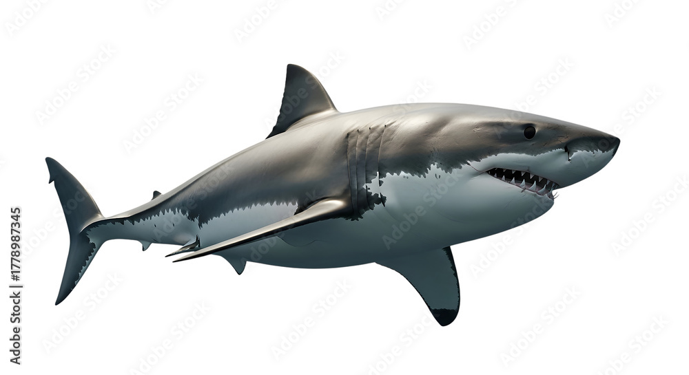 Obraz premium Great white shark underwater ocean predator apex with dangerous teeth sea animal marine life powerful swimming hunting wildlife isolated grayscale design
