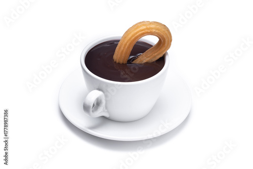 Spanish churros with hot thick chocolate in a white cup isolated on white background