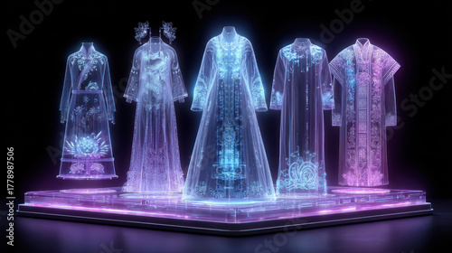 Collection of futuristic neon holographic traditional clothing displayed striking arrangement, showcasing intricate designs and vibrant colors that evoke sense of cultural heritage and innovation