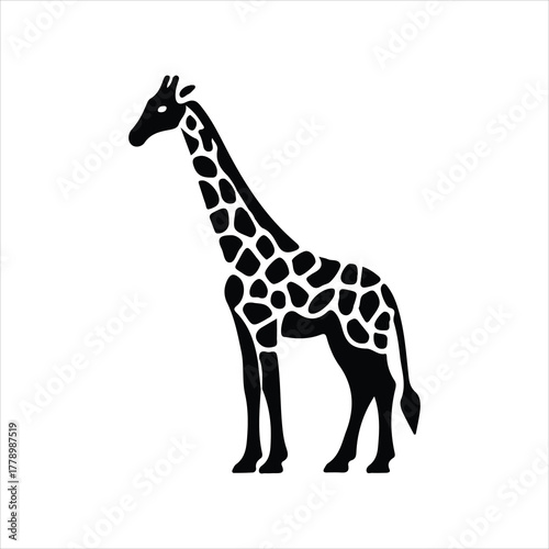 Simple black silhouette of a standing giraffe on a white background